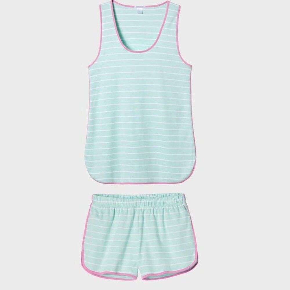 Lake Pima Tank Short Set Striped Mint Pink Trim Size Medium loungewear cozy chic